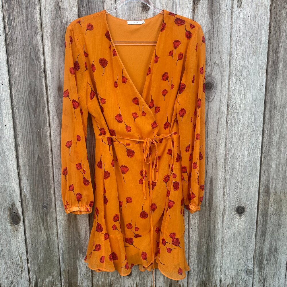 Lush Mareena Red Poppy Floral Wrap Long Sleeve Dress